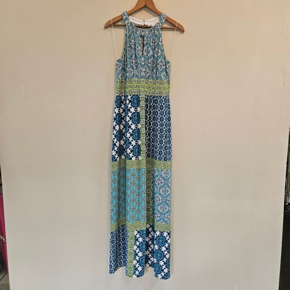 London Times Dress Women Sz 6 Blue/Green Pattern Maxi Dress Keyhole Halter Style